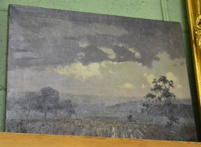 Lot 1283 - Clive R Browne, oil on canvas, landscape with threatening clouds