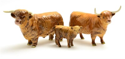 Lot 89 - Beswick Highland Bull, model No. 2008 (a.f), Highland Cow, model No. 1740 and Highland Calf,...
