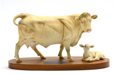 Lot 92 - Beswick Connoisseur Charolais Cow and Calf, model No. A2648/2652, satin matt, on wood plinth