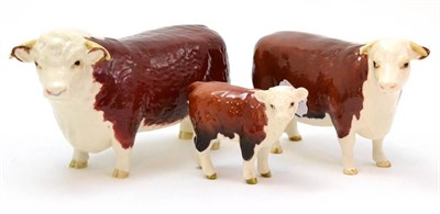 Lot 97 - Beswick Cattle comprising: Hereford Bull, model No. 1363A,  Hereford Cow, model No. 1360,...