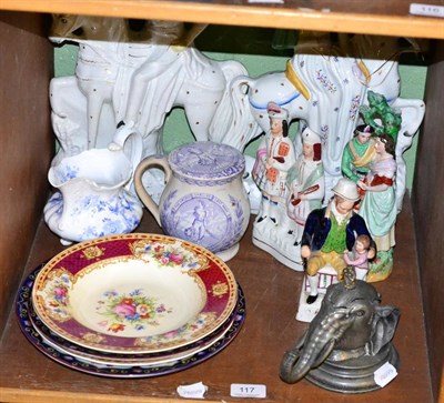 Lot 117 - Quantity of ceramics, including a pair of Staffordshire flat back figures, a lidded mug and a...