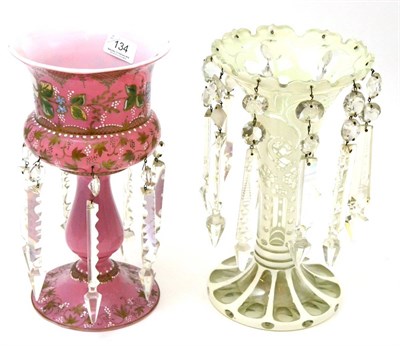 Lot 134 - A Victorian pink lustre and a Bohemian overlay drop lustre, each 29cm high