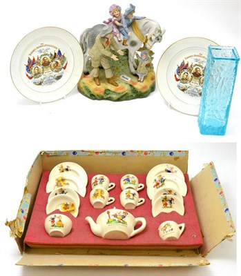 Lot 135 - Dolls tea set in original box, bisque figure group, Whitefriar's style glass vase etc