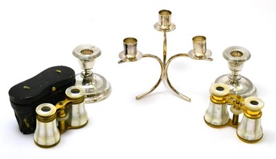 Lot 139 - Pair of Chester silver dwarf candlesticks, pair of mother-of-pearl and gilt metal mounted opera...