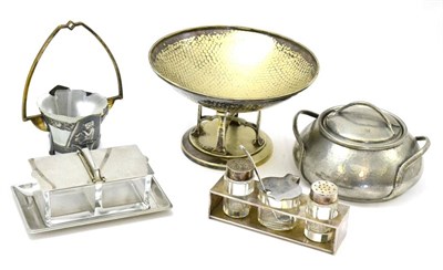 Lot 143 - A WMF twin preserve dish, a hand beaten English footed bowl, an Argent pewter bowl and cover...