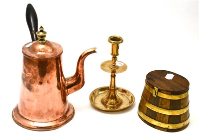 Lot 144 - Circa 1700 candlestick, a copper chocolate pot and a stave salt