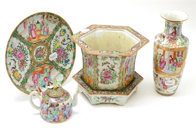 Lot 149 - Canton jardiniere and stand, baluster vase, small teapot and cover, and similar plate