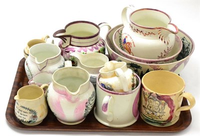 Lot 150 - A collection of mainly 19th century Sunderland pink lustre jugs, two mugs and two bowls