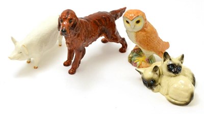 Lot 158 - Royal Doulton figure of a red setter, HN1055A, Beswick group of two seated cats, owl and pig (4)