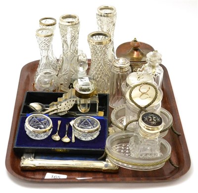 Lot 165 - Cased silver mounted glass salts, various silver mounted glass spill vases, glass inkwell with...