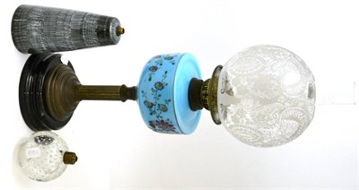 Lot 167 - Whitefriars glass lamp base, Rye pottery lamp base and a Victorian oil lamp