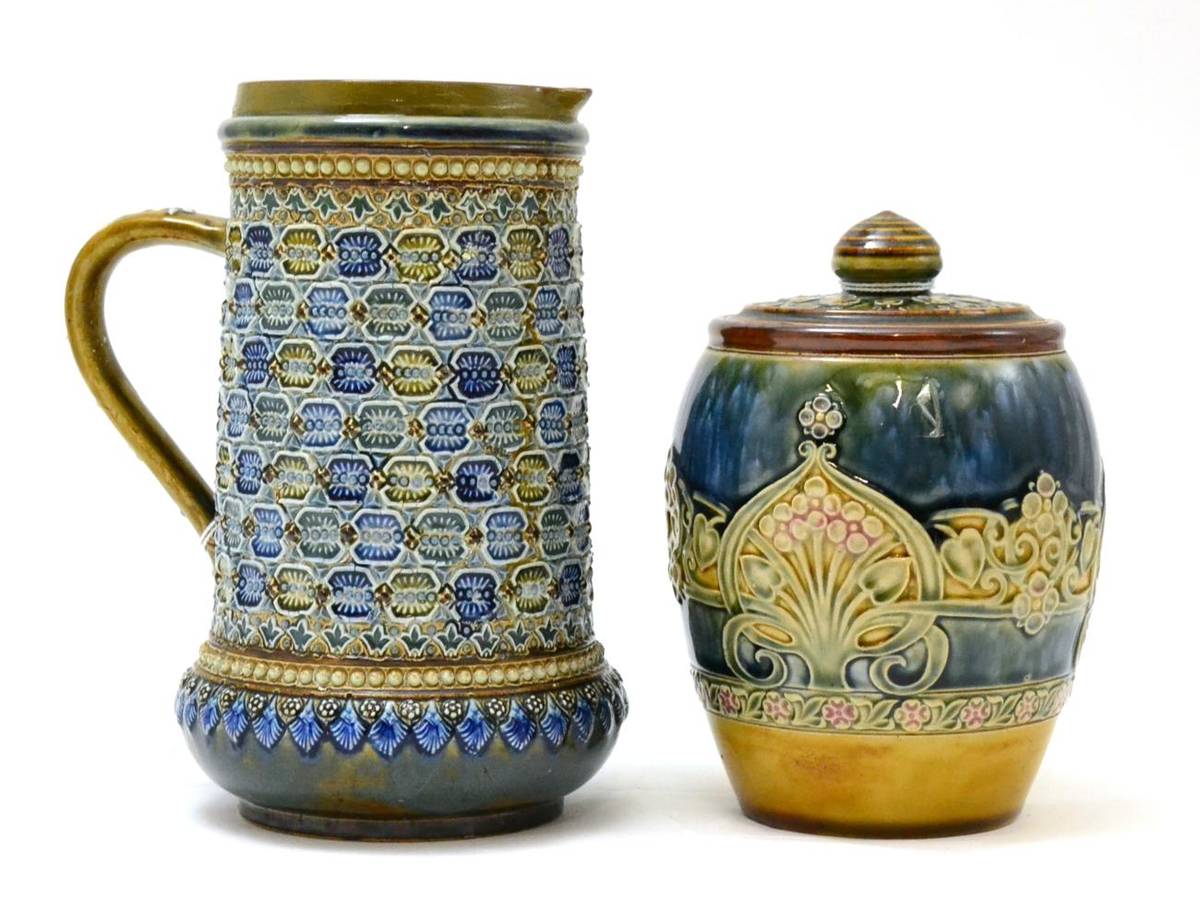 Lot 170 - Doulton Lambeth jug incised to base, EP 1881; Royal Doulton stoneware ginger jar and cover, GS 1888