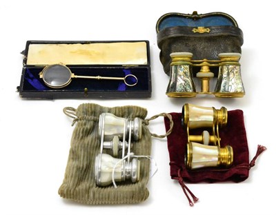 Lot 174 - A pair of French brass and mother-of-pearl mounted opera glasses, two other pairs of lorgnettes...