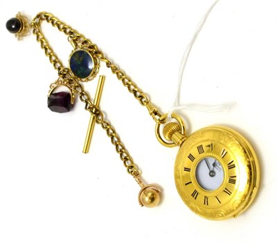 Lot 181 - A gilt metal pocket watch and a gilt metal chain with attached fobs with two stamped '375'