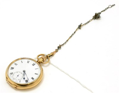 Lot 187 - A 9ct gold open faced pocket watch, 1923, lever movement, enamel dial with Roman numerals,...