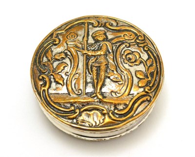 Lot 197 - An 18th century silver plate on copper snuff box, repoussé with a Scotsman, possibly of...