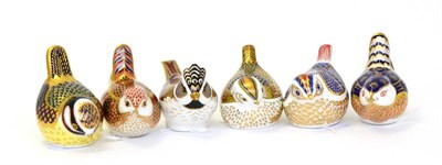 Lot 207 - Six Royal Crown Derby paperweights including: Blue Tit (silver stopper), Derby Wren (silver...