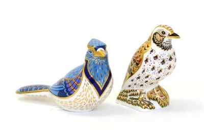 Lot 213 - Two Royal Crown Derby paperweights including: Blue Jay (silver stopper) and Song Thrush (gold...