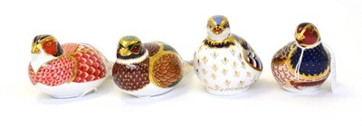 Lot 219 - Four Royal Crown Derby paperweights including: Pheasant (silver stopper), Woodland Pheasant...