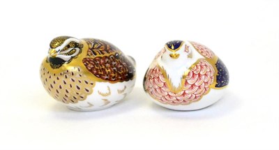 Lot 221 - Two Royal Crown Derby paperweights including: Dappled Quail and Quail (each with gold stopper)