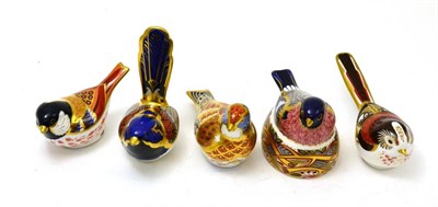 Lot 223 - Five Royal Crown Derby paperweights including: Fairy Wren (gold stopper), Nesting Bullfinch,...