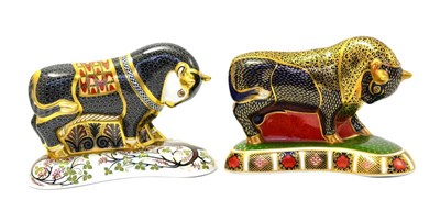 Lot 225 - Two Royal Crown Derby paperweights including: Bull (silver stopper) and Grecian Bull (gold stopper)