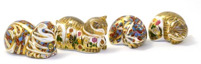 Lot 228 - Four Royal Crown Derby paperweights including: Contented Cat (silver stopper), Contented Kitten...