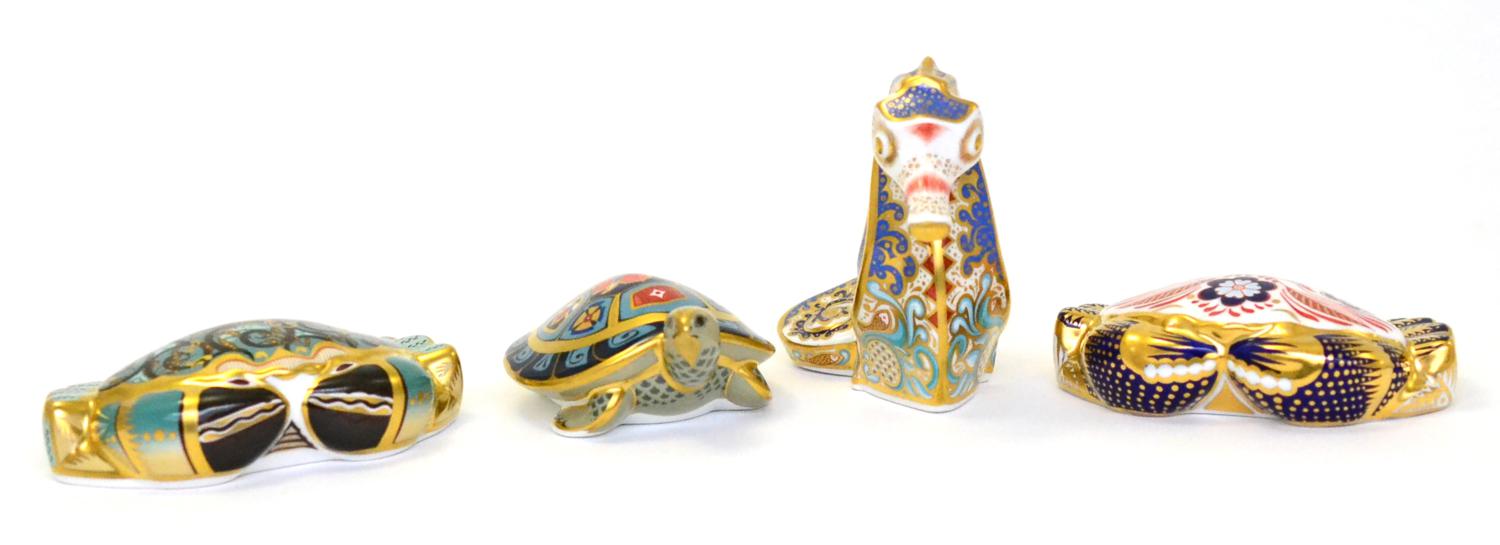 Lot 236 - Four Royal Crown Derby paperweights including: Crab (silver stopper), Coral Seahorse (gold...