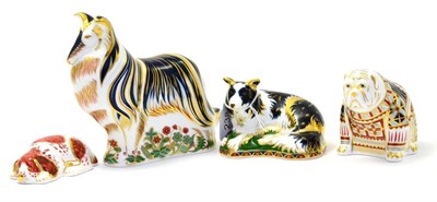 Lot 238 - Four Royal Crown Derby paperweights including: Border Collie (gold stopper), Bulldog (silver...