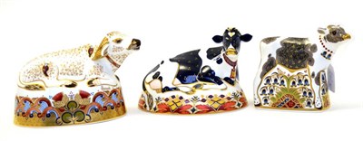 Lot 242 - Three Royal Crown Derby paperweights including: Bluebell, Buttercup and Harrod's Water Buffalo (all