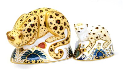 Lot 250 - Two Royal Crown Derby paperweights including: Savanna Leopard and Leopard Cub (each with gold...