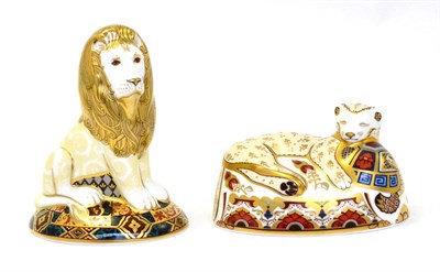 Lot 251 - Two Royal Crown Derby paperweights including: Heraldic Lion and Lion Cub (both with gold stoppers)