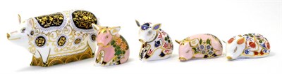 Lot 255 - Five Royal Crown Derby paperweights including: Plumstead Piglet (gold stopper), Pig (gold stopper)