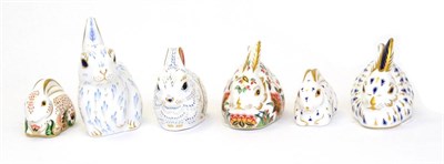 Lot 256 - Six Royal Crown Derby paperweights including: Mother Rabbit (silver stopper), Snowy Rabbit...