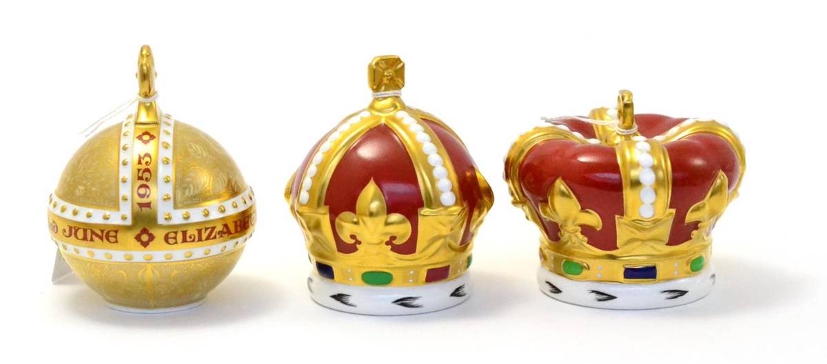 Lot 260 - Three Royal Crown Derby Royal Commemorative paperweights including: a H.M. Queen Elizabeth II...