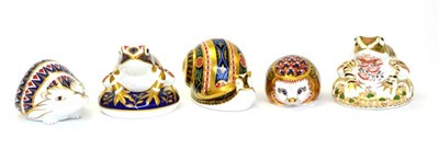 Lot 263 - Five Royal Crown Derby paperweights including: Garden Snail (gold stopper), Frog (silver...