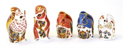 Lot 264 - Five Royal Crown Derby paperweights including: Debenhams Squirrel (silver stopper), Red...