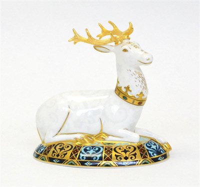 Lot 265 - A Royal Crown Derby paperweight, White Hart Heraldic Stag (827/2000 with gold stopper)