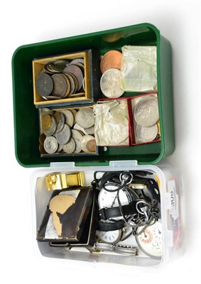 Lot 305 - Two stop watches signed Omega and Junghans, a lady's 9ct gold wristwatch, coins and other watches