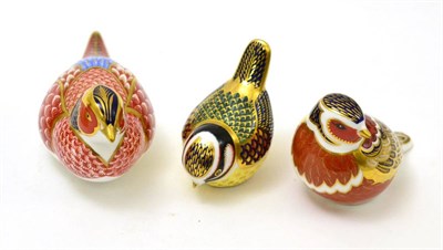 Lot 308 - Royal Crown Derby paperweights chaffinch, blue tit and pheasant (3) all gold stoppers