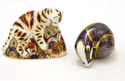 Lot 310 - Royal Crown Derby paperweight Bengal tiger cub and badger (2) both gold stoppers