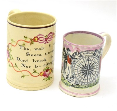 Lot 312 - An early 19th century creamware frog mug, with verse and hand painted floral decoration, and a pink