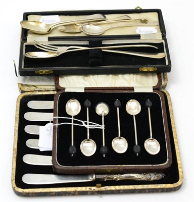 Lot 322 - A cased set of six silver coffee bean spoons, two Georgian teaspoons, a silver preserve spoon,...