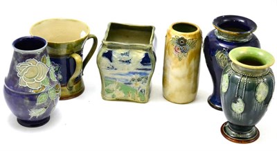 Lot 342 - Five Royal Doulton vases and another with four handles (6)