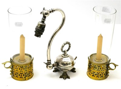 Lot 345 - A pair of candle lamps and plated table lamp