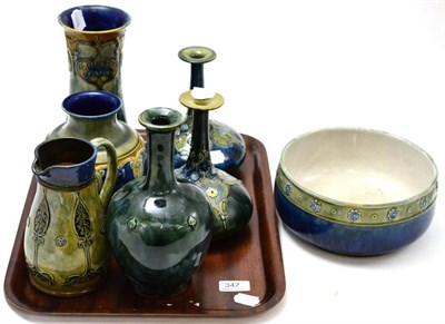 Lot 347 - Five Royal Doulton stoneware and Doulton Lambeth pottery vases, a jug and bowl