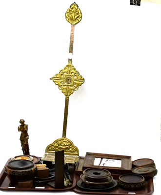 Lot 353 - Quantity of Chinese wooden stands, bronze tattoo pens, Chinese copper and brass wall mount, two...