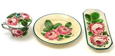 Lot 354 - Wemyss cabbage rose chocolate cup and cover, a Wemyss cabbage rose oblong tray and a plate (3)