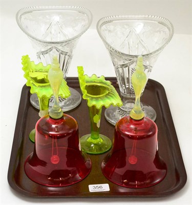 Lot 356 - Two vaseline and cranberry glass bells, two vaseline glass Jack in the Pulpit vases and a pair...