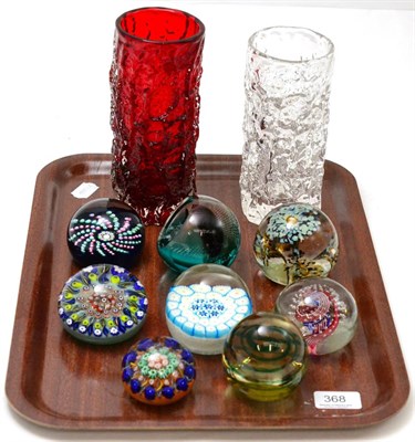 Lot 368 - Two Whitefriars glass vases and eight glass paperweights